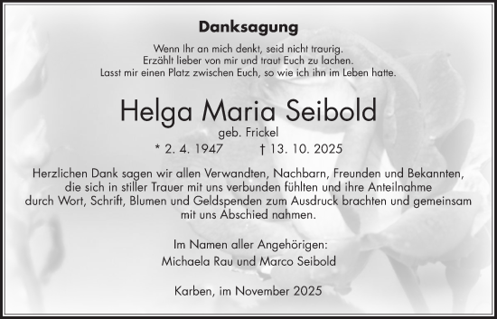 Traueranzeige von Helga Maria Seibold von Wetterauer Zeitung