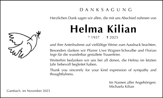 Traueranzeige von Helma Kilian von Butzbacher Zeitung