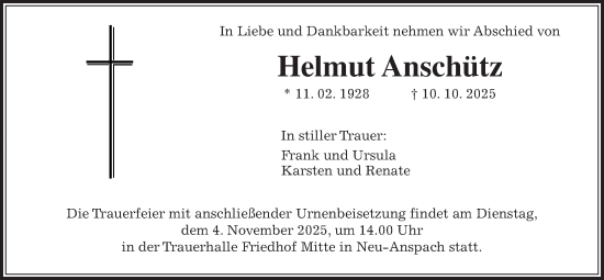Traueranzeige von Helmut Anschütz von Usinger Anzeiger, Usinger Anzeigenblatt