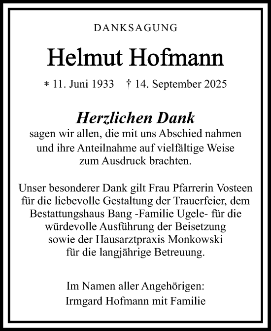 Traueranzeige von Helmut Hofmann von Butzbacher Zeitung