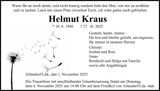 Traueranzeige von Helmut Kraus von Giessener Anzeiger, Giessener Allgemeine, Alsfelder Allgemeine