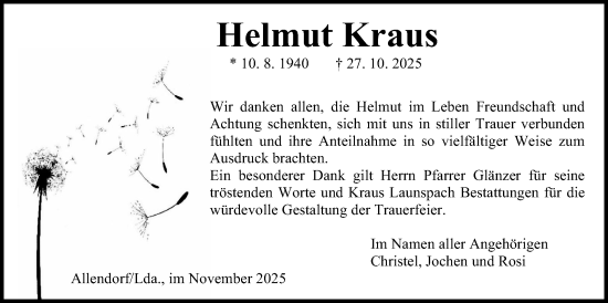 Traueranzeige von Helmut Kraus von Giessener Anzeiger, Giessener Allgemeine, Alsfelder Allgemeine