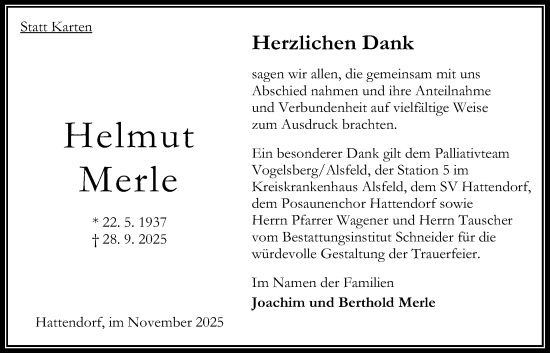 Traueranzeige von Helmut Merle von Oberhessische Zeitung