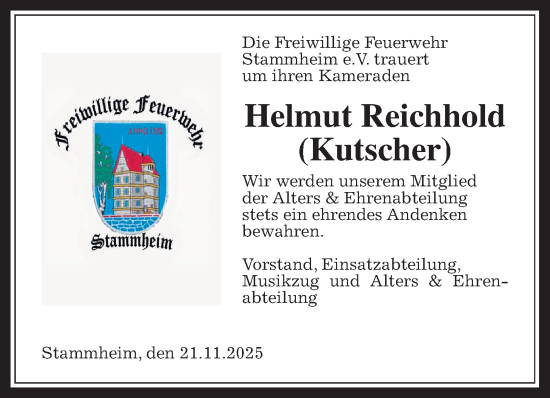 Traueranzeige von Helmut Reichhold von Wetterauer Zeitung