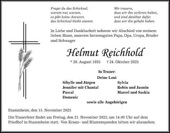 Traueranzeige von Helmut Reichhold von Wetterauer Zeitung