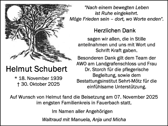 Traueranzeige von Helmut Schubert von Butzbacher Zeitung