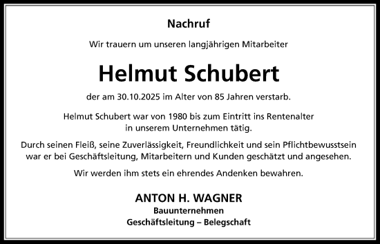 Traueranzeige von Helmut Schubert von Butzbacher Zeitung