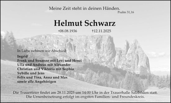 Traueranzeige von Helmut Schwarz von Giessener Allgemeine, Alsfelder Allgemeine