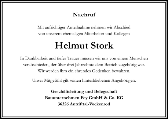 Traueranzeige von Helmut Stork von Oberhessische Zeitung, 