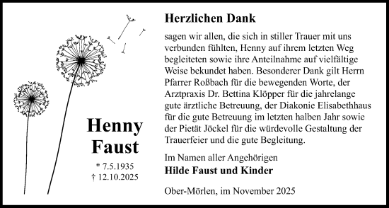 Traueranzeige von Henny Faust von Wetterauer Zeitung