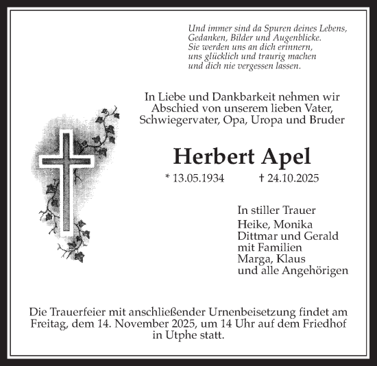 Traueranzeige von Herbert Apel von Licher Wochenblatt, Licher Wochenblatt