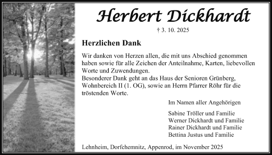 Traueranzeige von Herbert Dickhardt von Giessener Allgemeine, Alsfelder Allgemeine