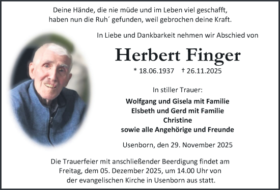 Traueranzeige von Herbert Finger von Kreis-Anzeiger