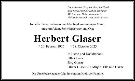 Traueranzeige von Herbert Glaser von Wetterauer Zeitung