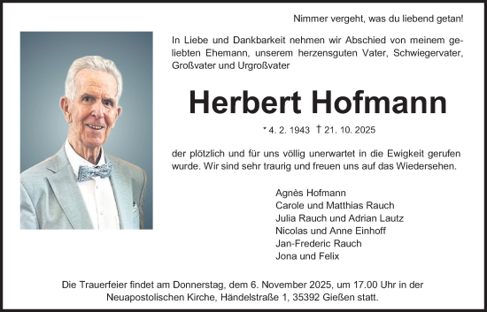 Traueranzeige von Herbert Hofmann von Giessener Anzeiger, Giessener Allgemeine, Alsfelder Allgemeine
