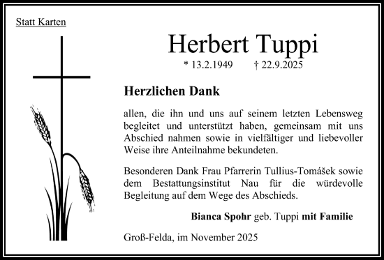 Traueranzeige von Herbert Tuppi von Oberhessische Zeitung