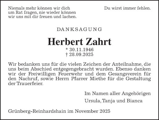Traueranzeige von Herbert Zahrt von Giessener Anzeiger, Giessener Allgemeine, Alsfelder Allgemeine