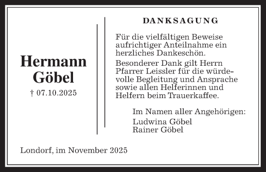 Traueranzeige von Hermann Göbel von Rabenauer Zeitung