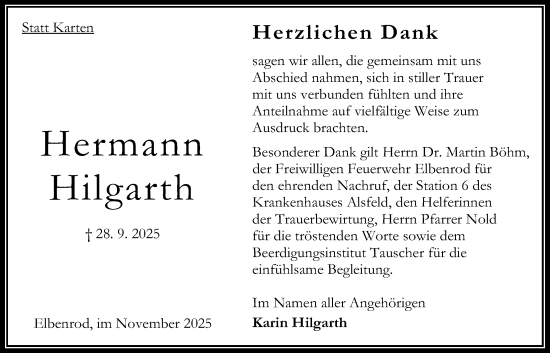 Traueranzeige von Hermann Hilgarth von Oberhessische Zeitung