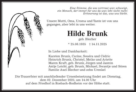 Traueranzeige von Hilde Brunk von Wetterauer Zeitung