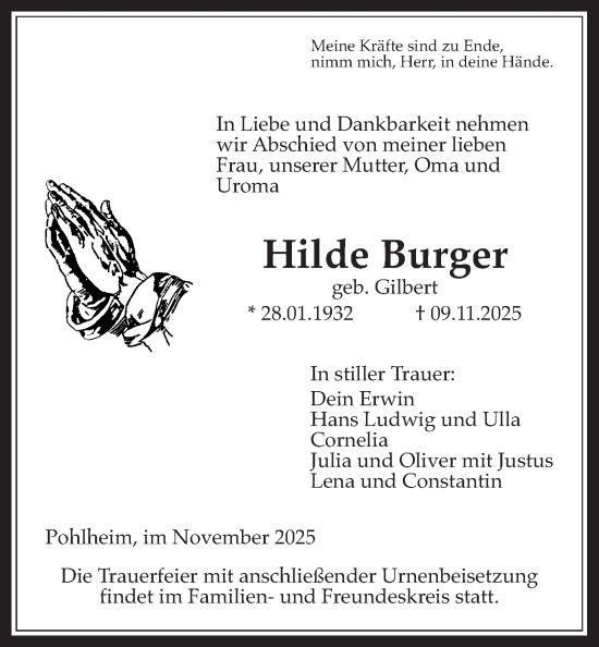 Traueranzeige von Hilde Burger von Pohlheimer Nachrichten, Giessener Allgemeine, Alsfelder Allgemeine