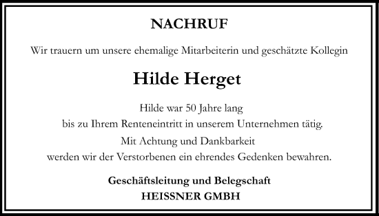 Traueranzeige von Hilde Herget von Lauterbacher Anzeiger