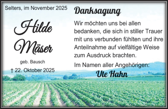 Traueranzeige von Hilde Mäser von Kreis-Anzeiger