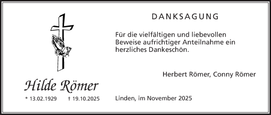 Traueranzeige von Hilde Römer von Giessener Anzeiger, Giessener Allgemeine, Alsfelder Allgemeine