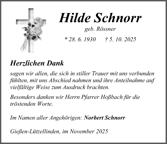 Traueranzeige von Hilde Schnorr von Giessener Anzeiger, Giessener Allgemeine, Alsfelder Allgemeine