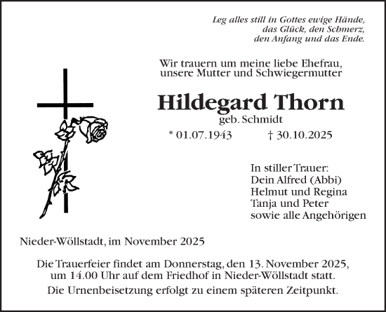 Traueranzeige von Hildegard Thorn von Wetterauer Zeitung
