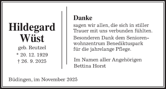 Traueranzeige von Hildegard Wüst von Kreis-Anzeiger