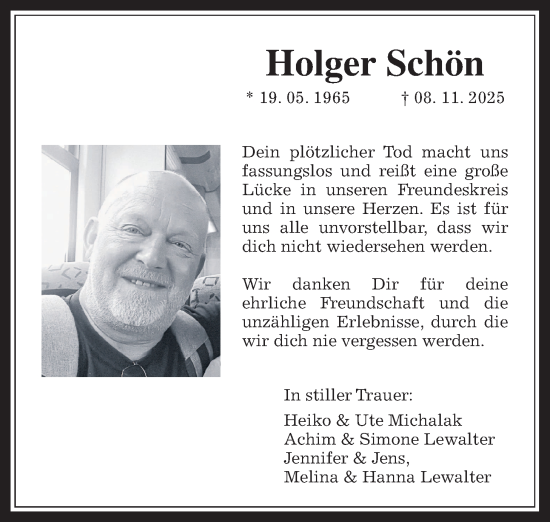 Traueranzeige von Holger Schön von Usinger Anzeiger, Usinger Anzeigenblatt