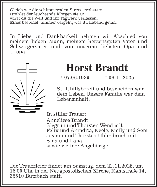 Traueranzeige von Horst Brandt von Butzbacher Zeitung