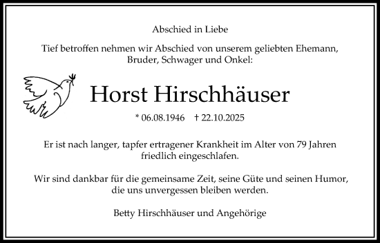 Traueranzeige von Horst Hirschhäuser von Bad Vilbel/Karben