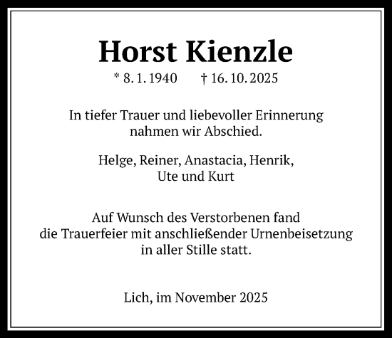 Traueranzeige von Horst Kienzle von Licher Wochenblatt