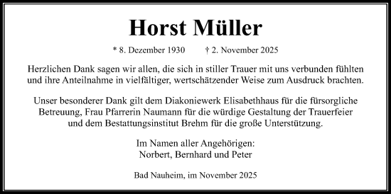 Traueranzeige von Horst Müller von Wetterauer Zeitung
