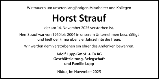 Traueranzeige von Horst Strauf von Kreis-Anzeiger