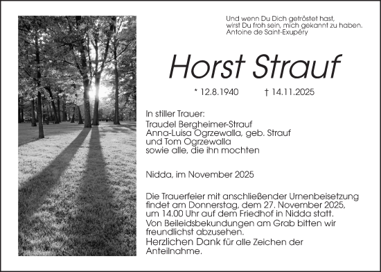 Traueranzeige von Horst Strauf von Kreis-Anzeiger