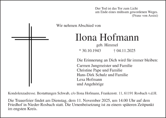 Traueranzeige von Ilona Hofmann von Wetterauer Zeitung