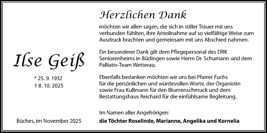 Traueranzeige von Ilse Geiß von Kreis-Anzeiger