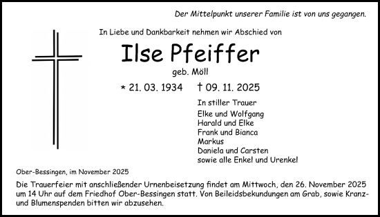 Traueranzeige von Ilse Pfeiffer von Giessener Allgemeine, Alsfelder Allgemeine