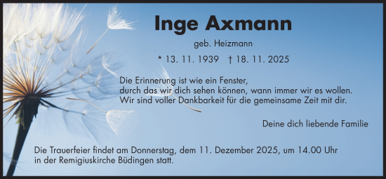 Traueranzeige von Inge Axmann von Kreis-Anzeiger