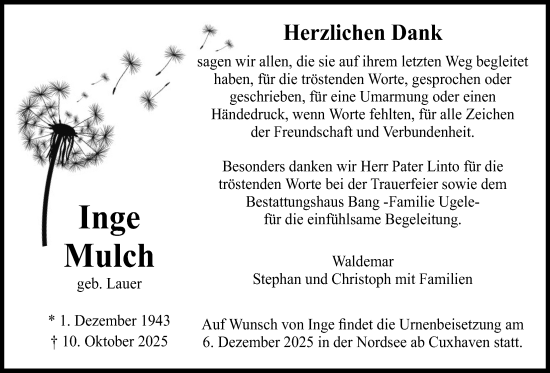 Traueranzeige von Inge Mulch von Licher Wochenblatt