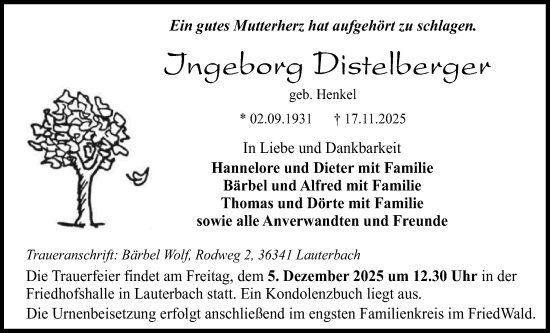Traueranzeige von Ingeborg Distelberger von Lauterbacher Anzeiger