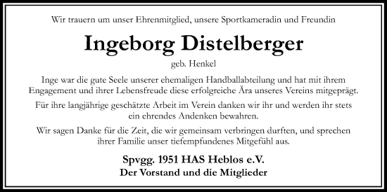 Traueranzeige von Ingeborg Distelberger von Lauterbacher Anzeiger