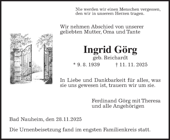Traueranzeige von Ingrid Görg von Wetterauer Zeitung