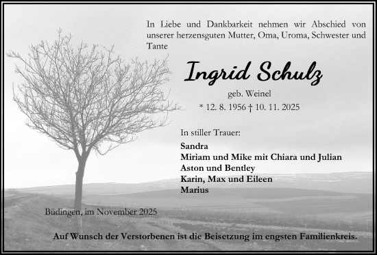Traueranzeige von Ingrid Schulz von Kreis-Anzeiger