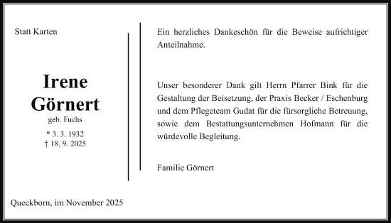 Traueranzeige von Irene Görnert von Giessener Allgemeine, Alsfelder Allgemeine