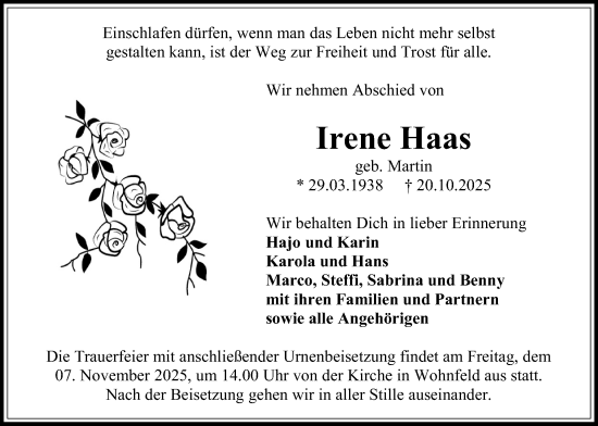 Traueranzeige von Irene Haas von Alsfelder Allgemeine, Oberhessische Zeitung