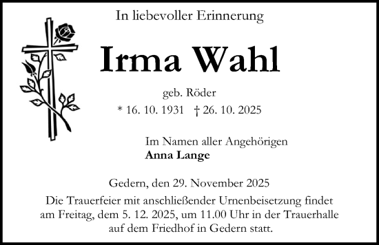 Traueranzeige von Irma Wahl von Kreis-Anzeiger